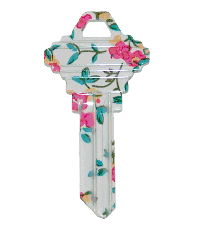 10PC WHITE KEY BLANK W/PINK FLOWERS